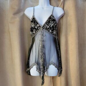 Landmark Black Sequined Beaded Transparent Strapped Top with Handkerchief Bottom